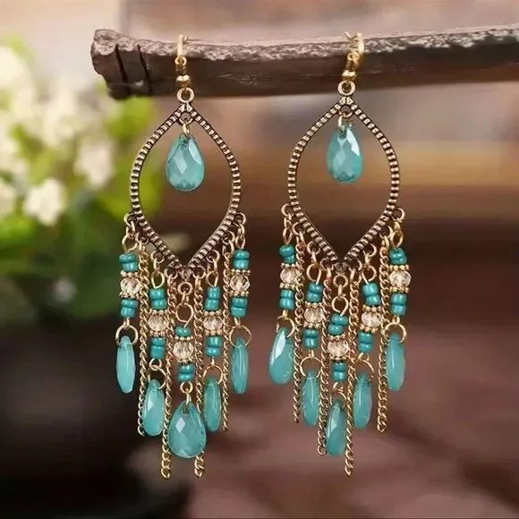 3/$25 Boho Style Teal Turquoise Gold Long Beaded Waterdrop Dangle Earrings - Picture 1 of 4